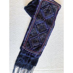 Antique Hmong Hill Tribe Indigo Handmade Embroidered Textile Fringed Sash